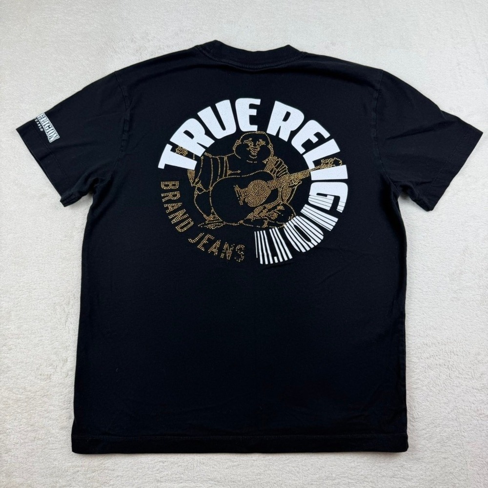 True‎ Religion Mens Black Horseshoe Logo Graphic T-Shirt Medium Bling Jewels